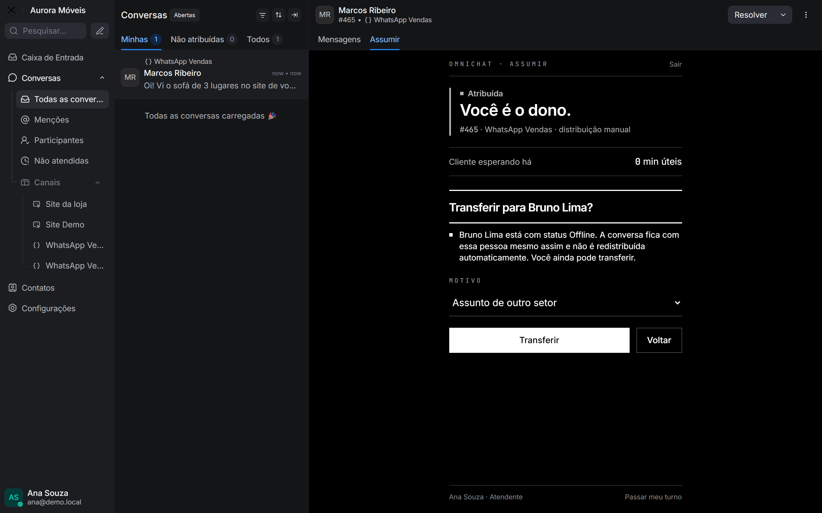 Confirmação da transferência: o aviso de status do colega e o motivo escolhido
