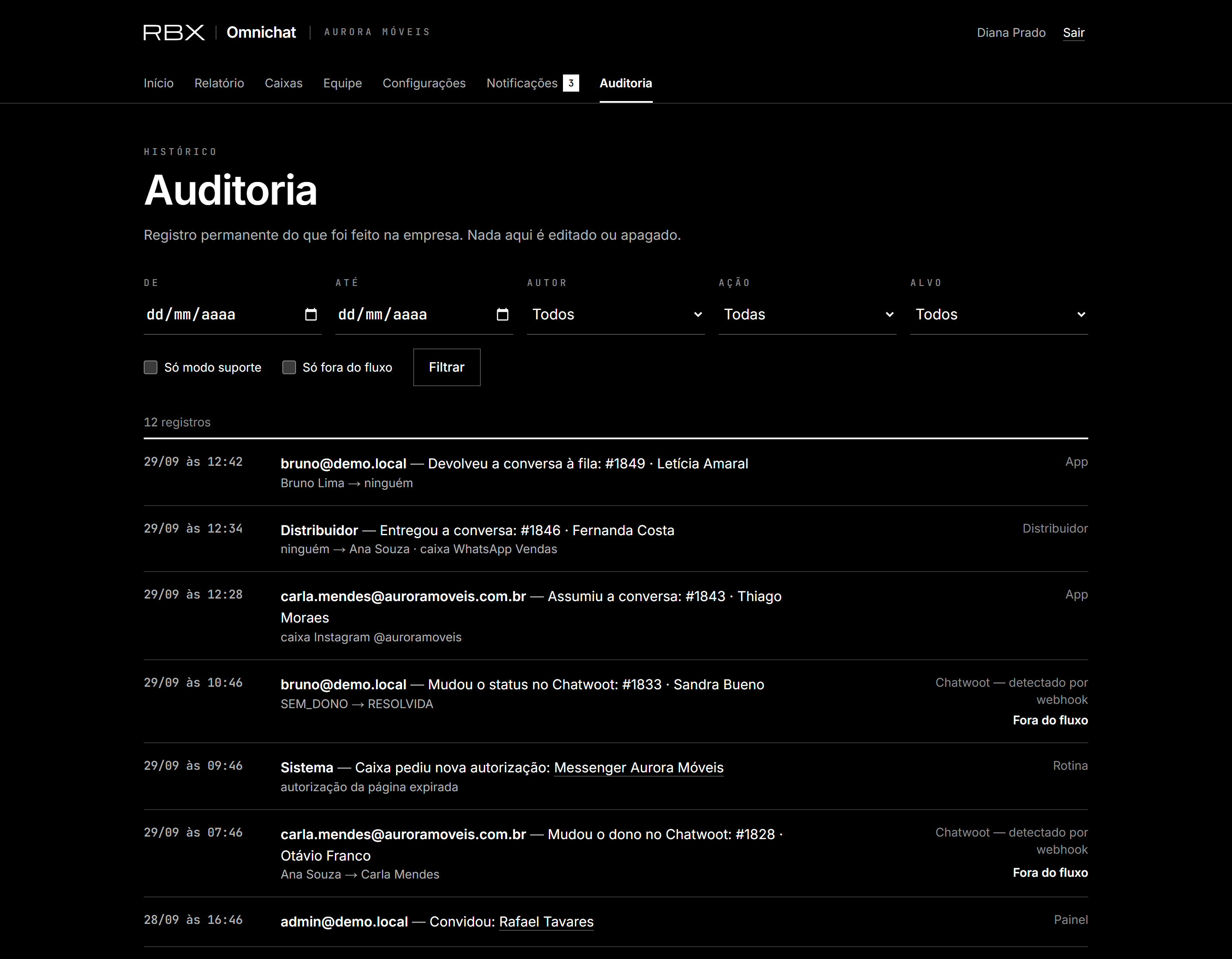 Auditoria: selos de modo suporte e fora do fluxo