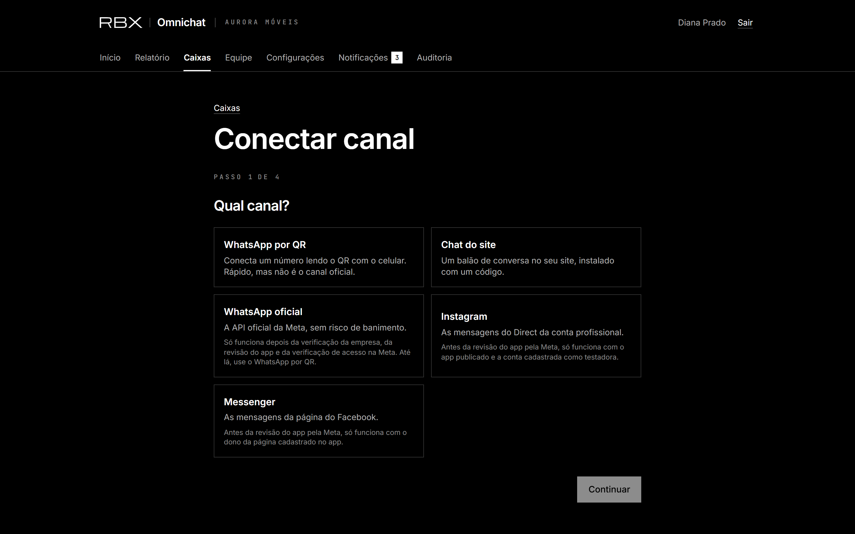Assistente de canal, passo 1: qual canal conectar