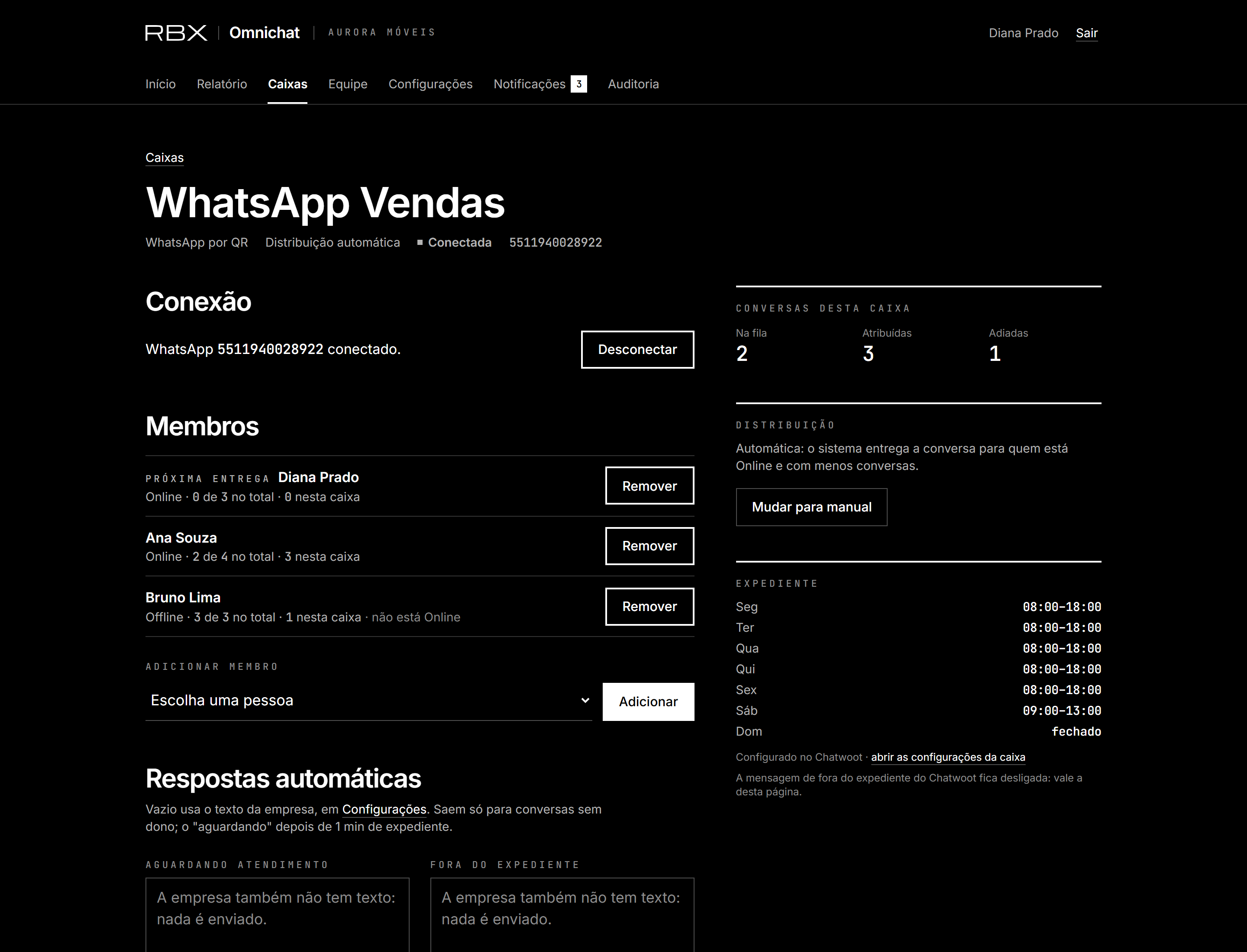 Página da caixa: conexão, distribuição e membros, com quem recebe a próxima entrega