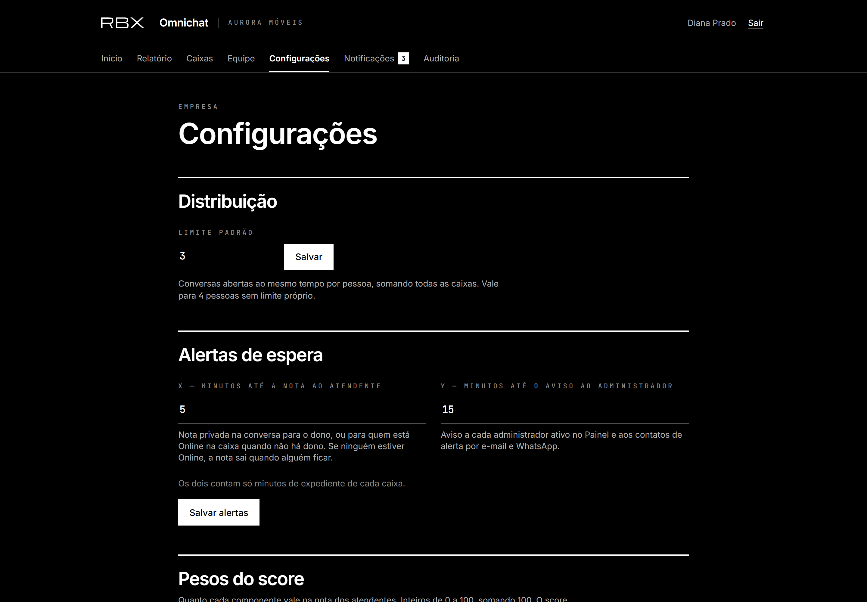 Configurações: distribuição e alertas de espera