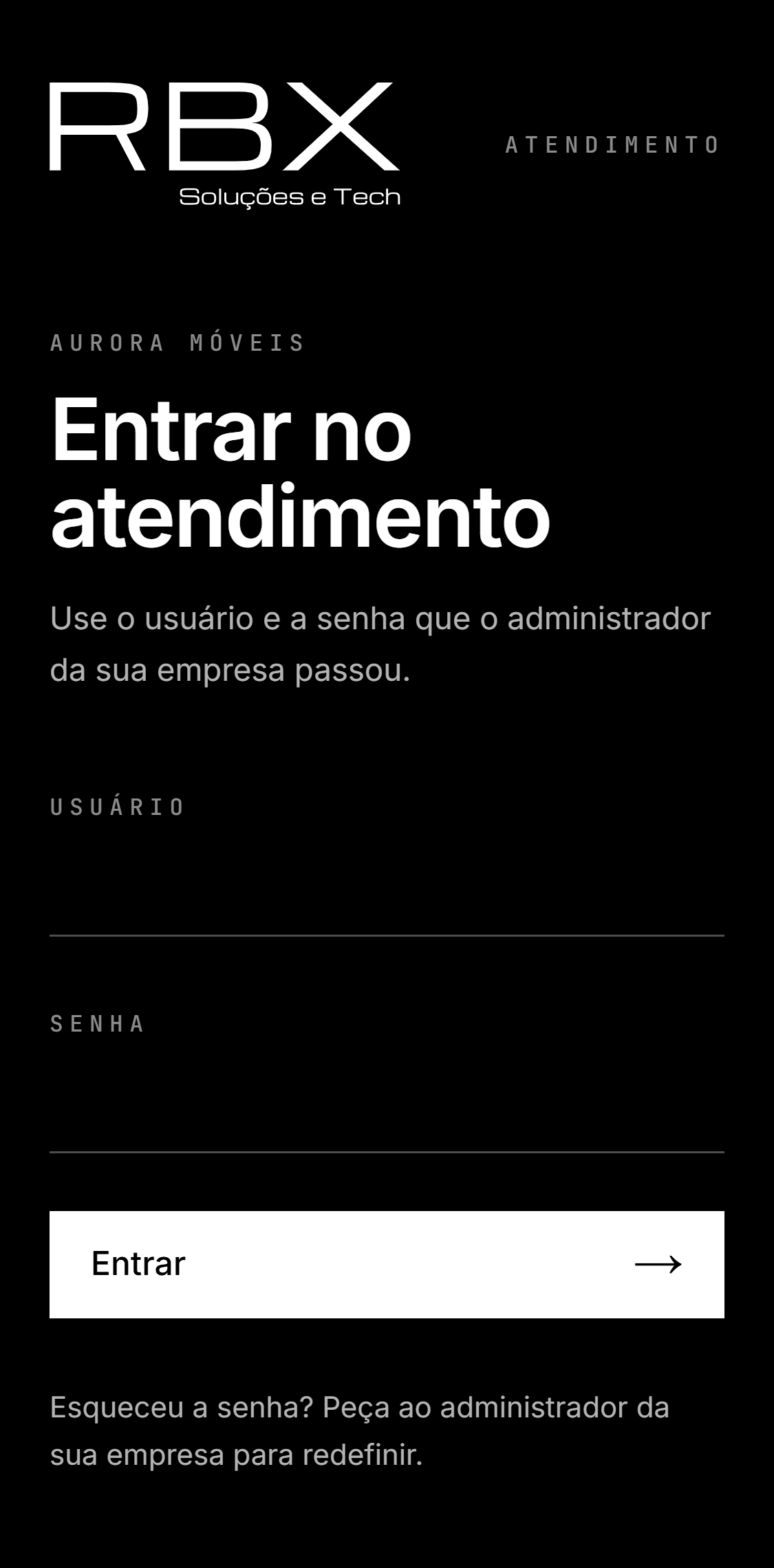 O link de entrada da empresa, no celular: usuário e senha