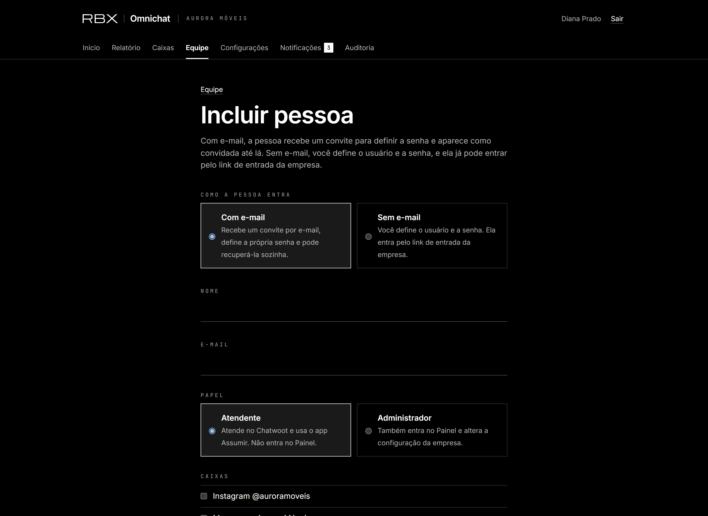 Incluir pessoa: com e-mail (convite) ou sem e-mail (usuário e senha)
